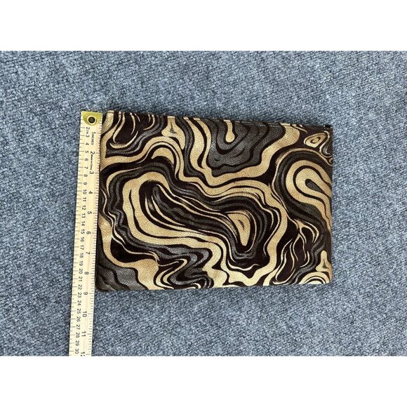 Pinky Bag Brown & Gold Genuine Leather Clutch With Abstract Swirl Design And Zip - Picture 1 of 4